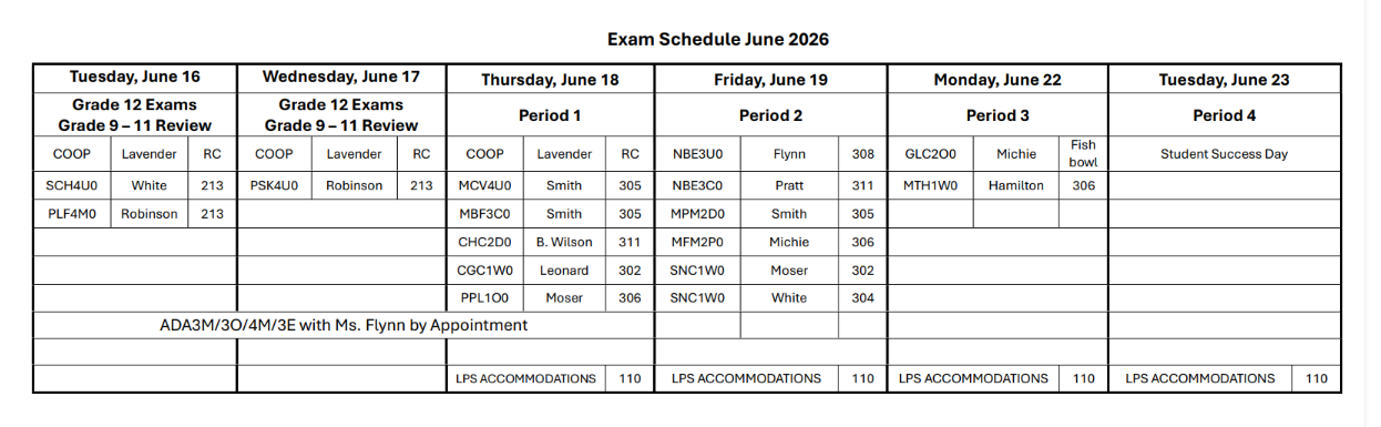 exam schedule